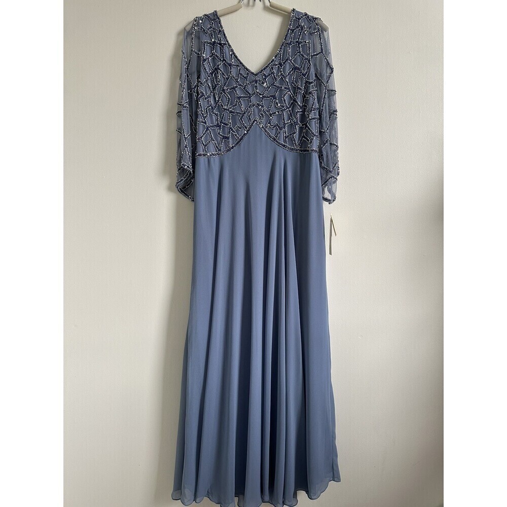 J Kara Women's 3/4 Sleeve Geo Beaded Gown Dress Dusty Blue Size 14 5211DB $299